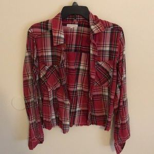 Red Cropped Frayed Plaid Button Up
